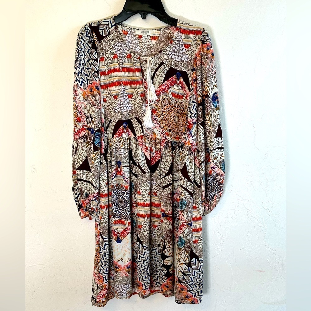 Umgee Tan/Multicolor Bohemian Print Bishop Sleeves Dress with Tassle Ties Sz L
